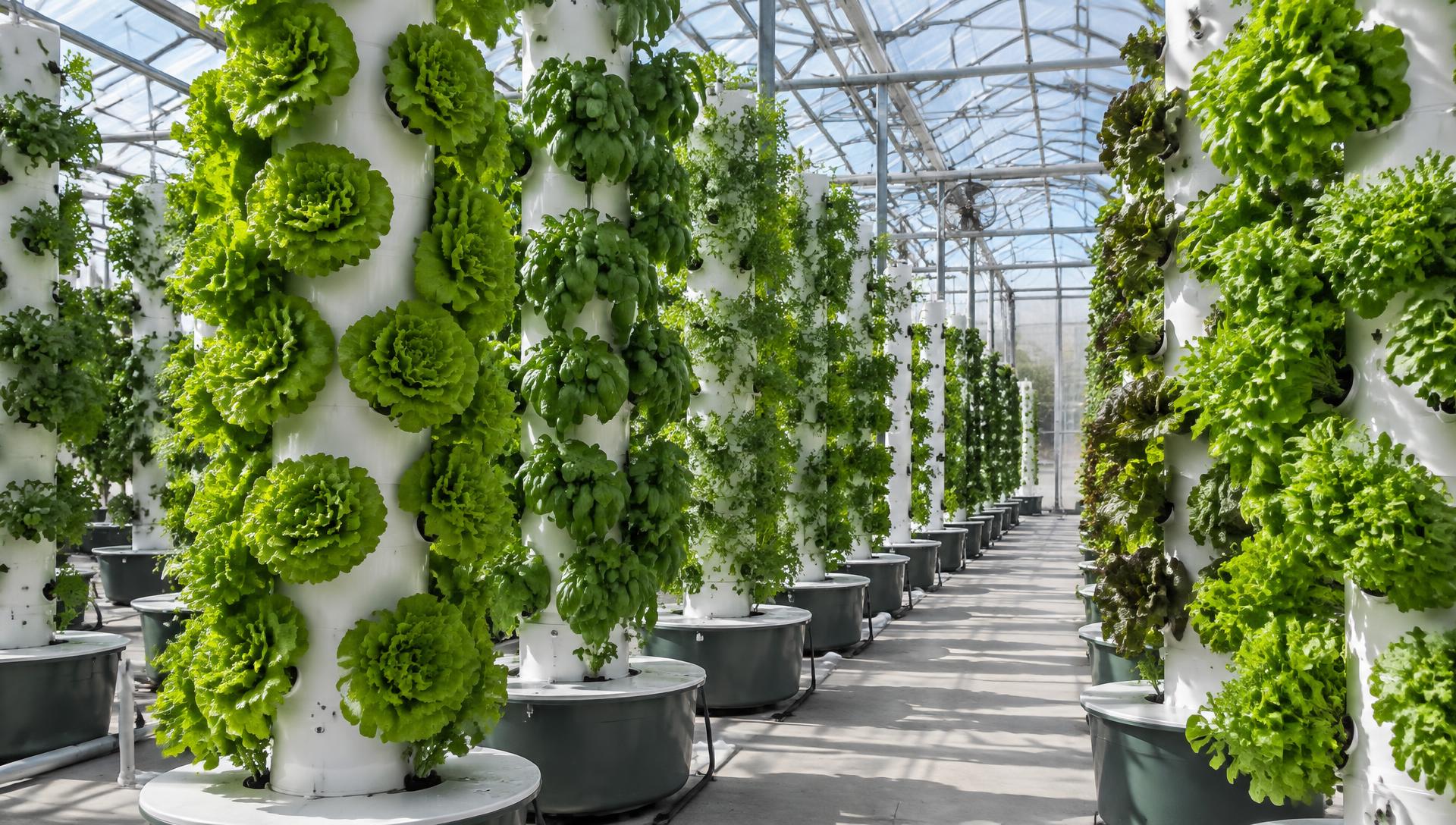 Rows of white aeroponic grow towers full of lettuce and herbs inside a greenhouse
